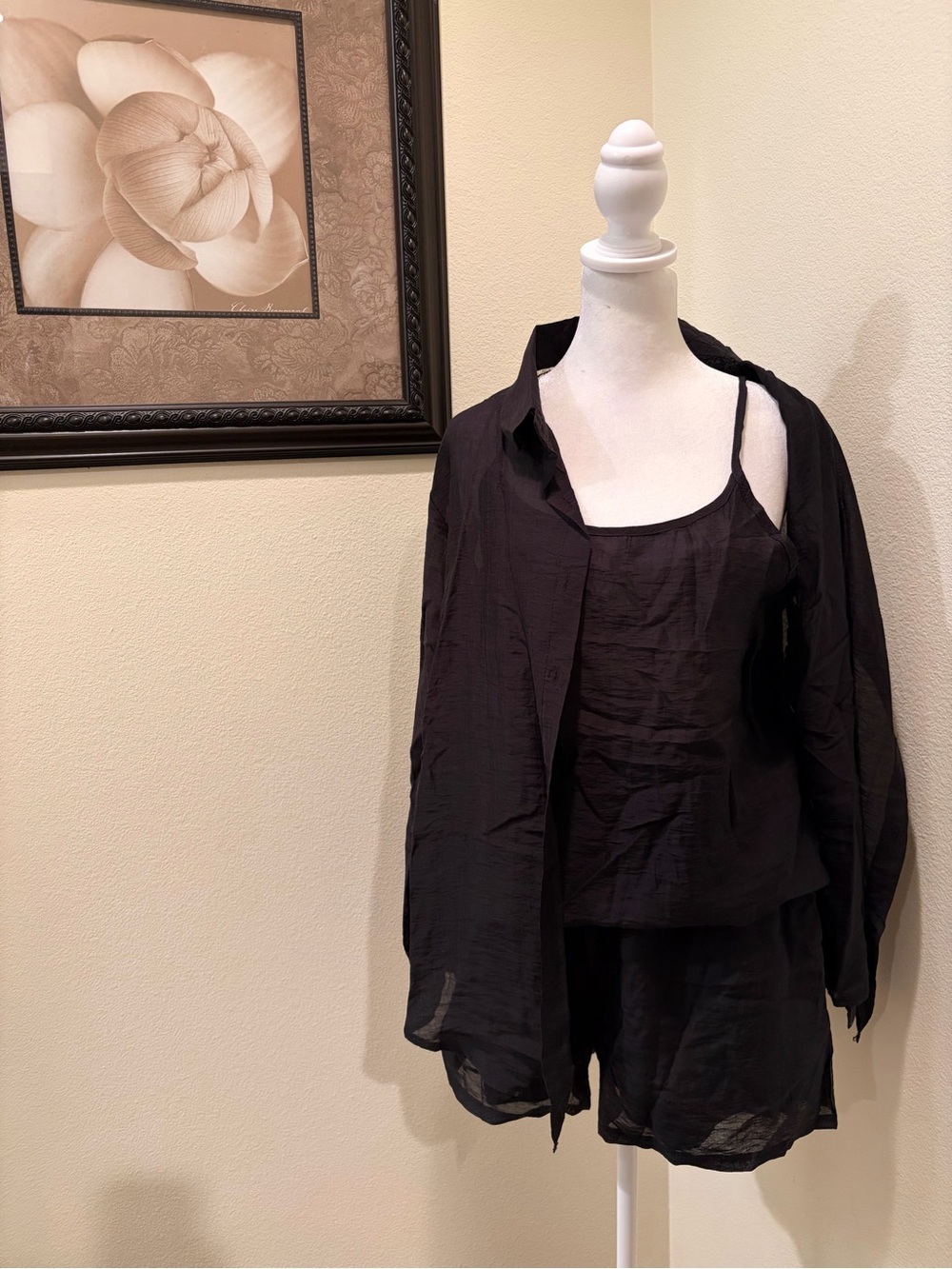 One size Black Three-Piece Lightweight Set Top, Long Sleeve Shirt & Shorts NWOT
